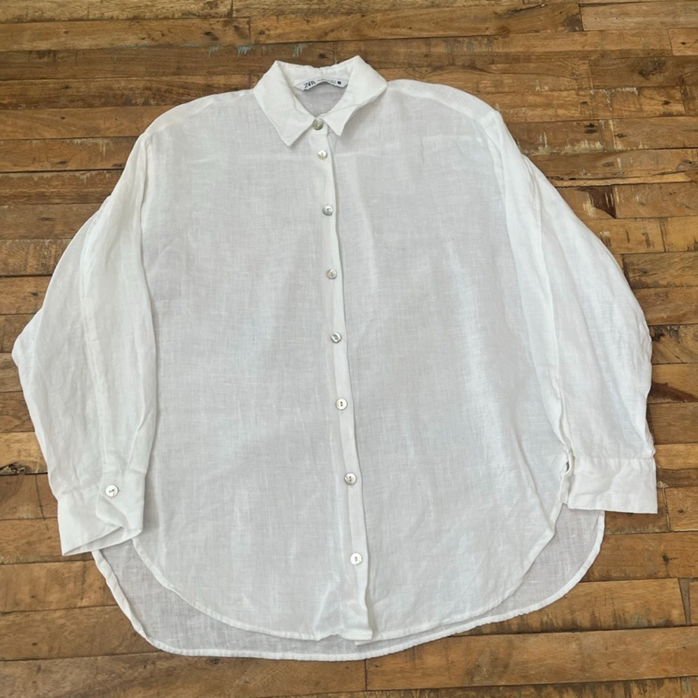 ZARA Button Up Blouse Shirt Women’s Size XS Sleeve White Linen